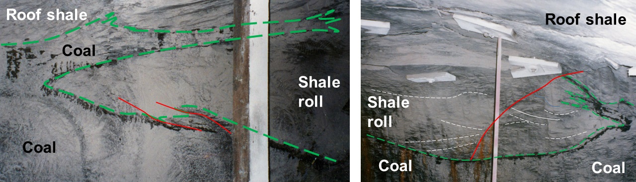 Gray shale roll in the Western Kentucky No. 4 coal shows splaying of the uppermost coal into the shale and small slip (red).